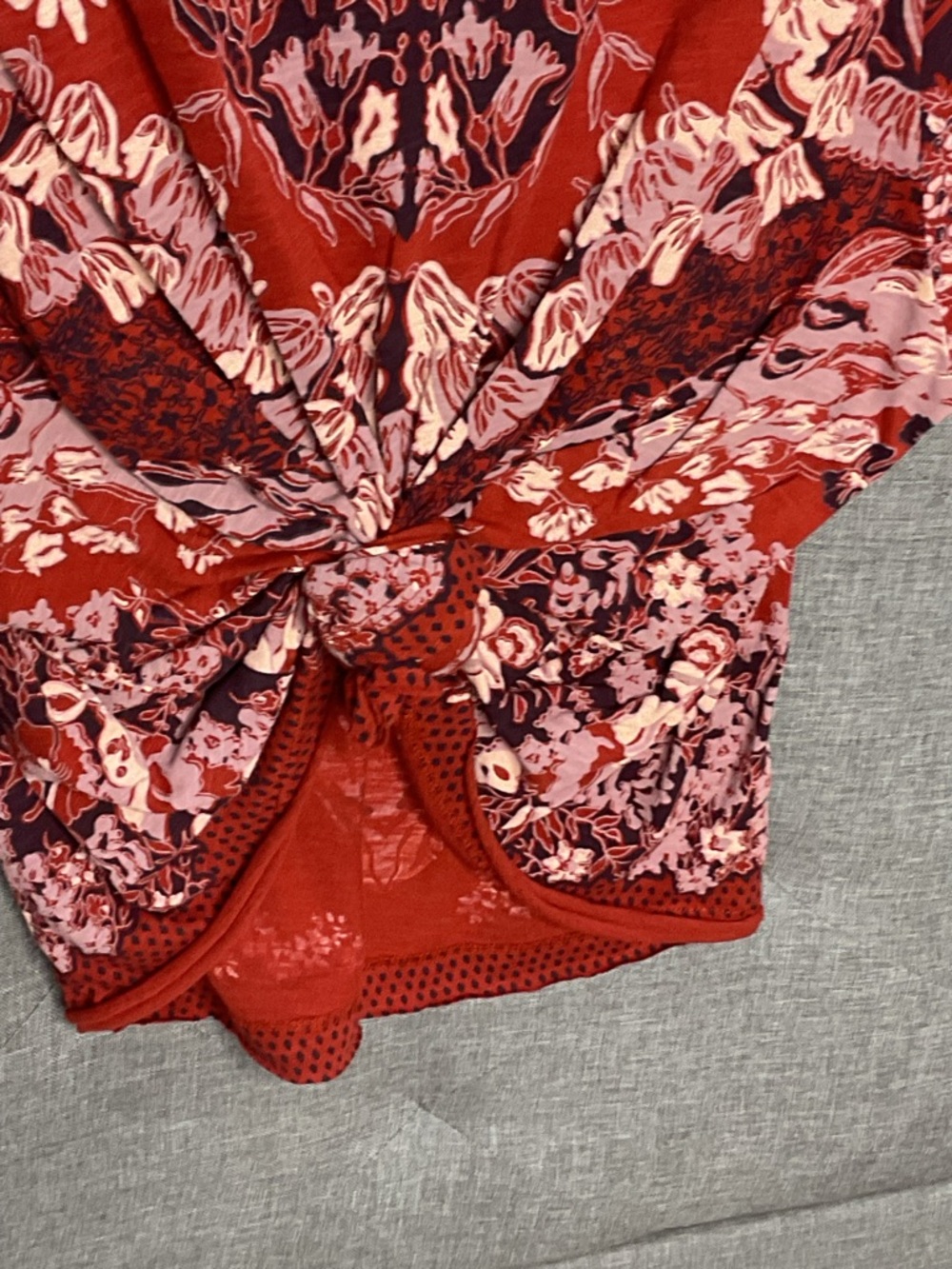 Free People Red Floral Boho Tunic Knot Top Small - Picture 7 of 12